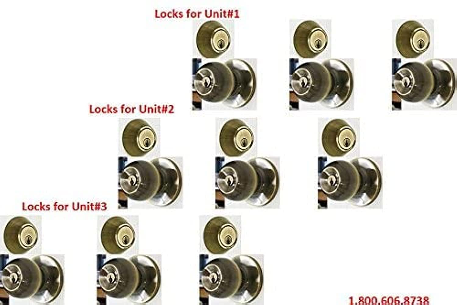 9 Sets of NuSet Fremont for Rental Property Master Keyed Entry DoorKnobs with Single Cylinder Deadbolts in Antique Brass