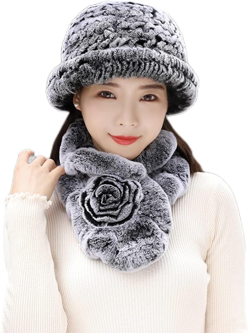 2PCs Womens Knit Hat and Scarf Genuine Rex Rabbit Hair Bucket Hat Round Cap Neck Warmer Winter Warm