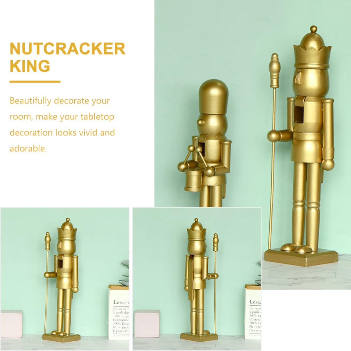 VILLCASE Christmas Nutcracker King Figure 38cm Metallic Wooden Nutcracker Ornament Xmas Holiday Home Decor Walnut Puppet Sculpture