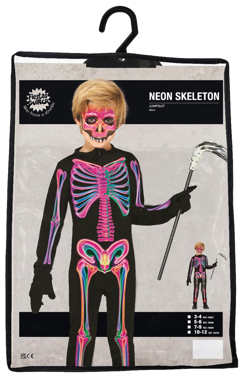 FIESTAS GUIRCA Neon Skeleton Kids Fancy Dress Costume - Skeleton Jumpsuit Costume - Girls & Boys Halloween Costumes Age 7-9 Years - Image 3
