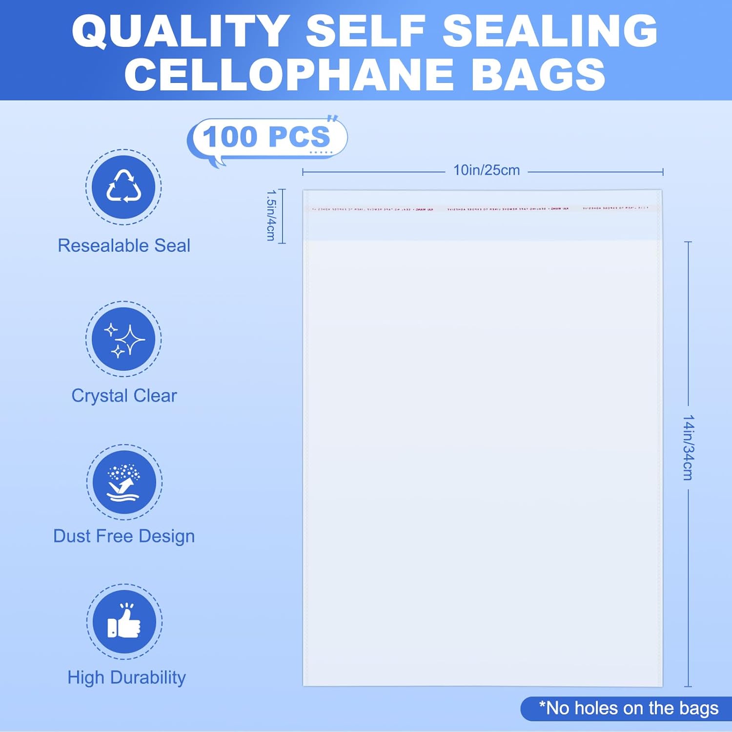 100 Pcs (10x14 Inch) Self Sealing Cellophane Bags, Clear Resealable Poly Bags for Clothes, Premium Shirt Packaging Bag with Clothing Size Stickers for Small Business