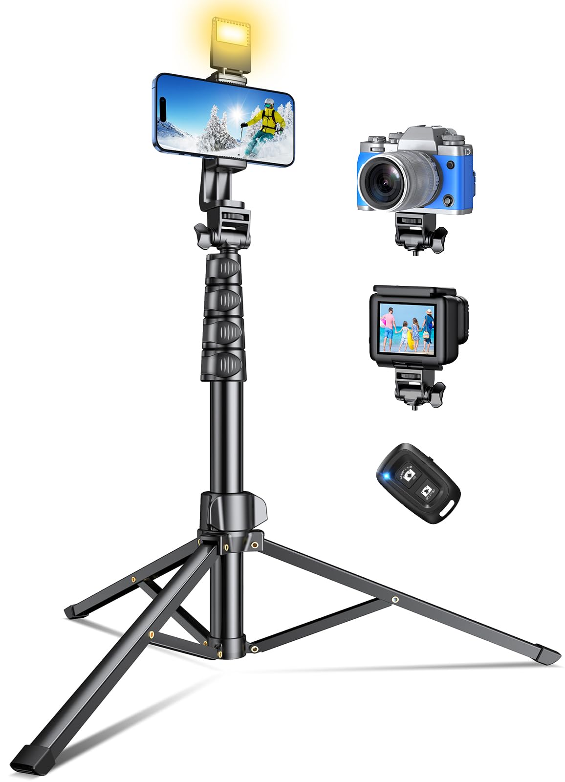 CIRYCASE 3 in 1 Treppiede Smartphone 177cm/70", Estensibile Treppiede Fotocamera Bastone Selfie con Telecomando Alluminio, Portatile e Regolabile Treppiedi Sostegni, Kit per Foto e Video Cellulari