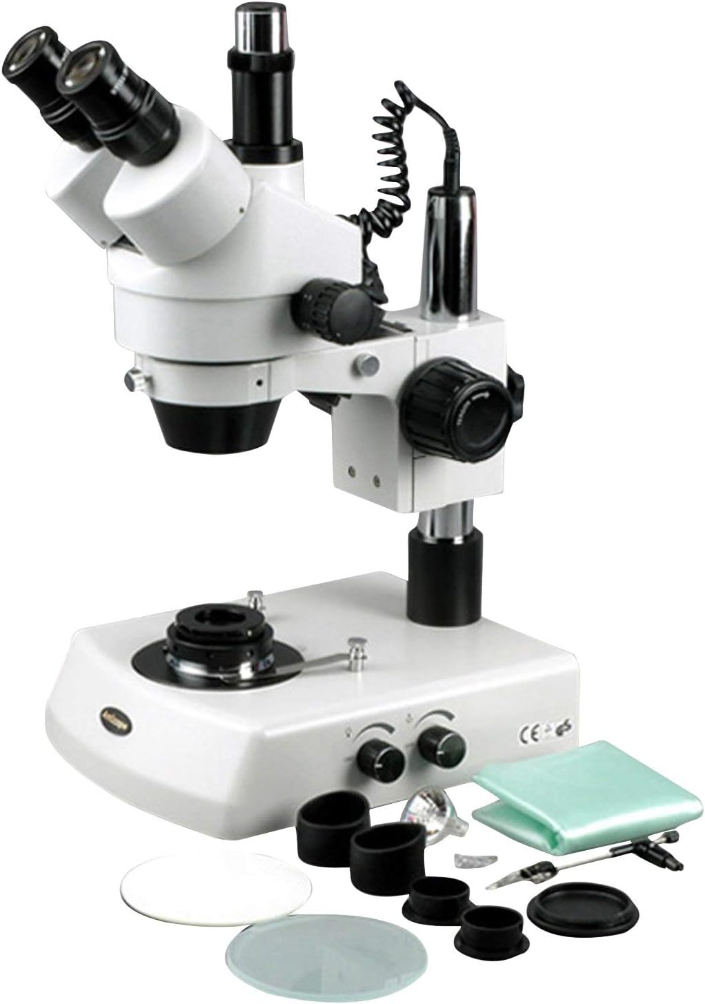 AmScope SM-2TX-DK Professional Trinocular Stereo Zoom Microscope, WH10x Eyepieces, 3.5X-45X Magnification, 0.7X-4.5X Zoom Objective, Upper and Lower LED Lighting, Pillar Stand, 110V-120V, Includes Darkfield Condenser and 0.5X Barlow Lens