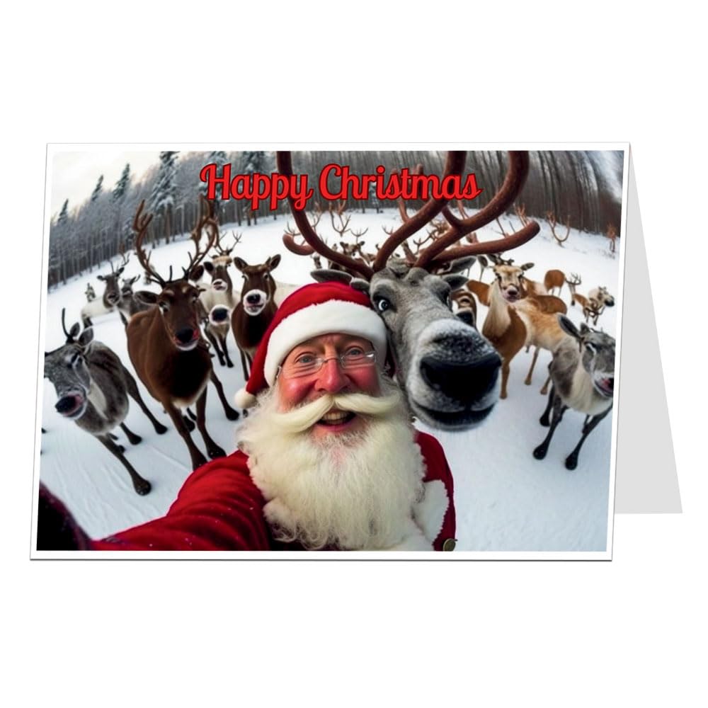 Funny Christmas Card Pack 12 Santa & Reindeer Selfie For Men & Women Perfect For Friends & Family Modern Luxury Xmas Design - Image 3