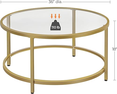 Miniatura 3 de Yaheetech Mesa de centro redonda de 36 pulgadas con parte superior de cristal, color dorado mostaza, mesa de centro redonda con almohadillas