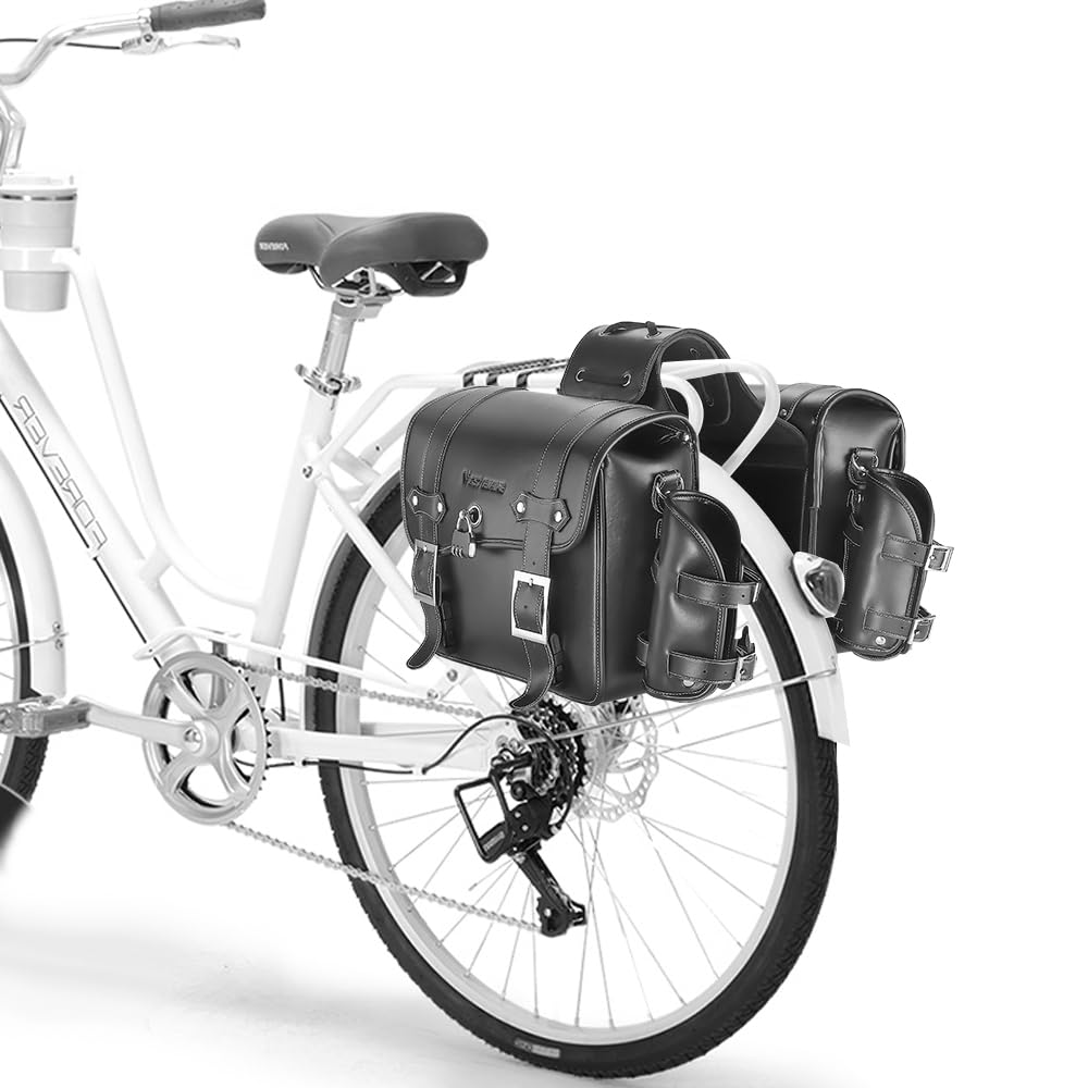 TentHome Torby motocyklowe do pakowania ze skóry PU, torba na bagażnik rowerowy, tylne sakwy rowerowe, kieszenie boczne, podwójna torba z uchwytem na butelkę i zamkiem, czarna