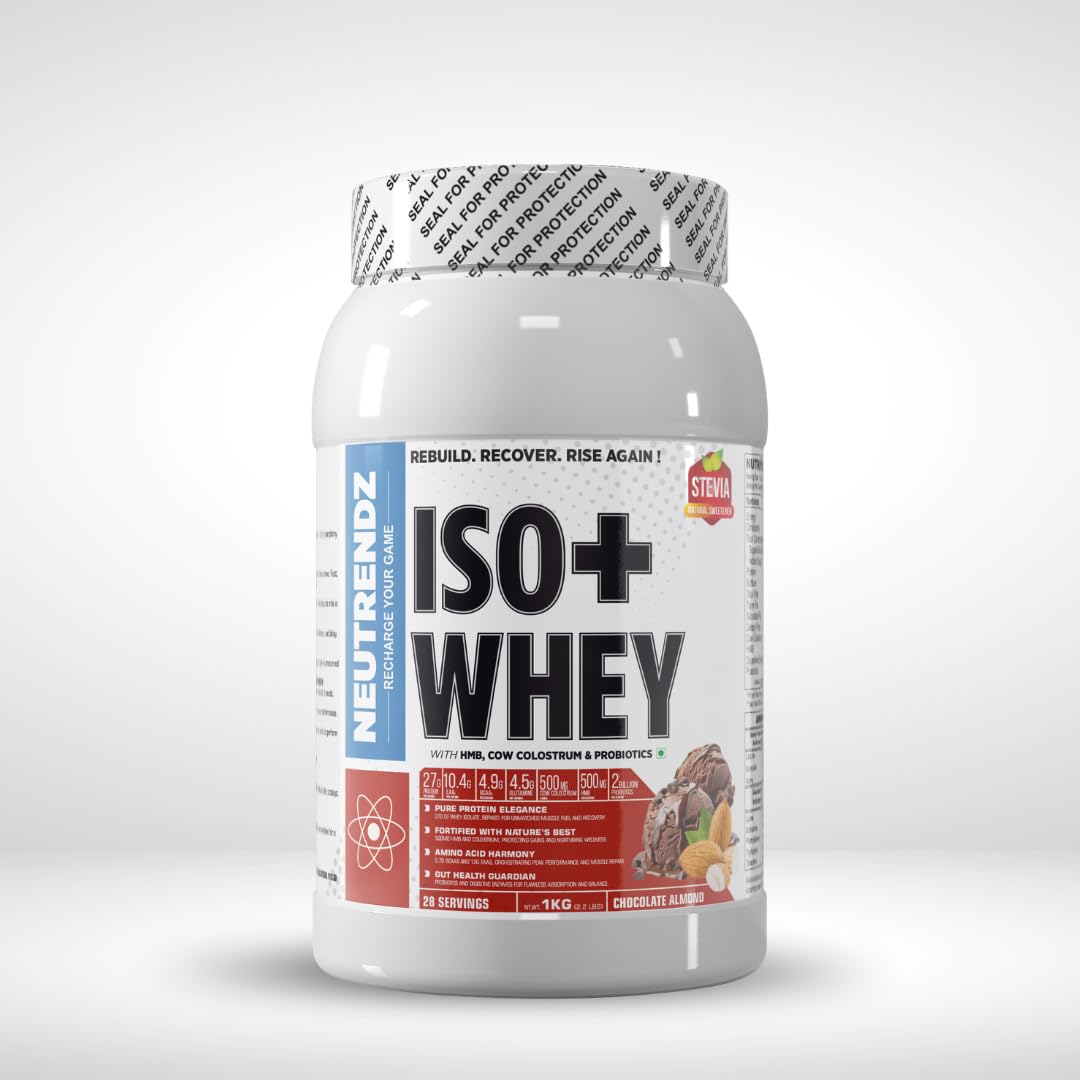 ISO+ Whey Isolate Protein | 27g Protein, 10.4g EAAs, 4.9g BCAAs | With HMB, Cow Colostrum & Probiotics | Zero Sugar, Fast Absorption | Builds Lean Muscle & Boosts Recovery (1kg, Chocolate Almond)-image-30