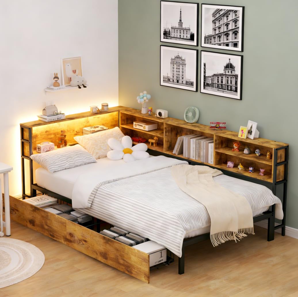 Bellemave Twin Corner Bed Frame with Storage, Twin Size Captains Bed with Charging Station and LED Light, Wood Daybeds with L-Shaped Bookcase and 2