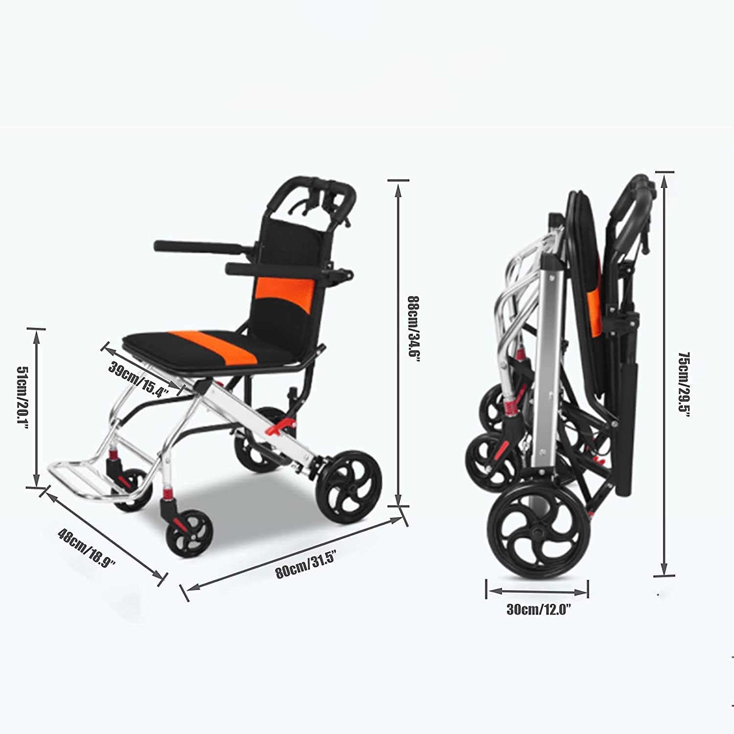 Silla de Ruedas Ligera Plegable/Aluminio Silla de Ruedas de Viaje/Transporte Portátil Silla de Ruedas con Freno de Mano
