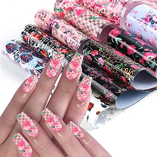 MONIKA 10 Sheets Retro Flower Nail Art Foil Transfer Stickers,Adhesive Nail Art Supplies for Acrylic Nails Foil Stickers, Nails Supply Floral Manicure Tips Wraps Nail Art Decorations