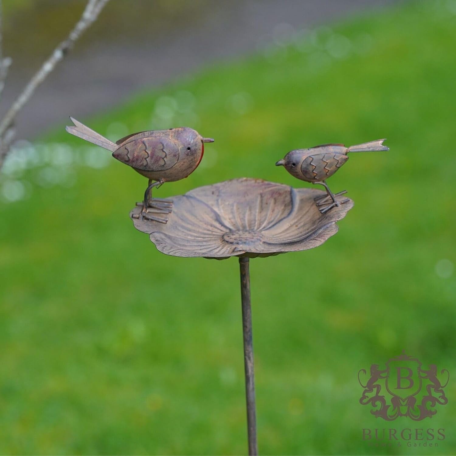 Robin on Flower Bird Feeder Bath | Large Metal Robins Garden Ornament Outdoor