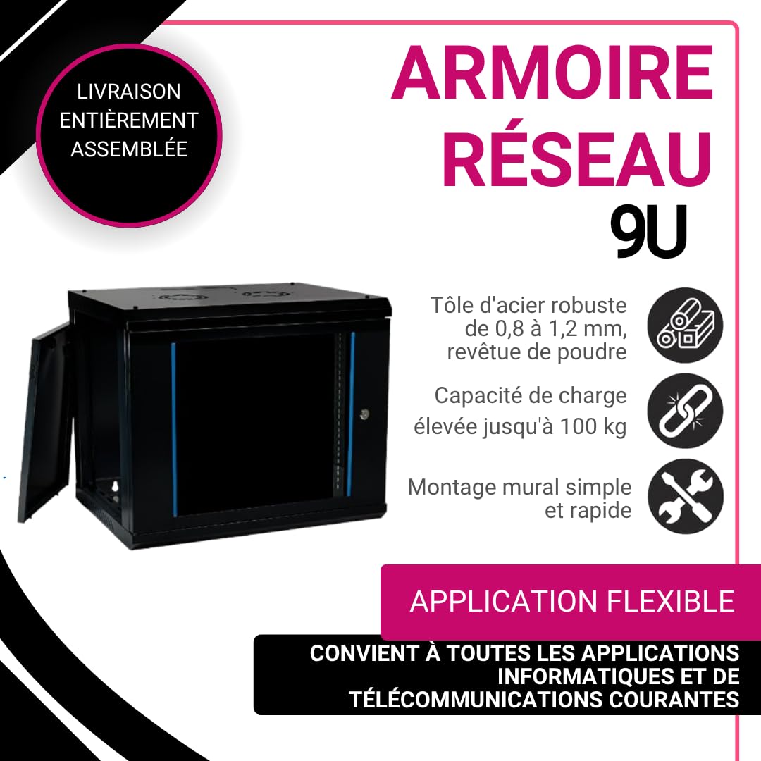 Baie Murale 9U | Baie de Brassage 19 Pouces | Montage Mural | 450mm de Profondeur | 600x450x503 mm | Préassemblée | Porte en Verre Sécurisée avec Serrure | Charge Maximale 100kg (Noir (RAL 9005), 9U)