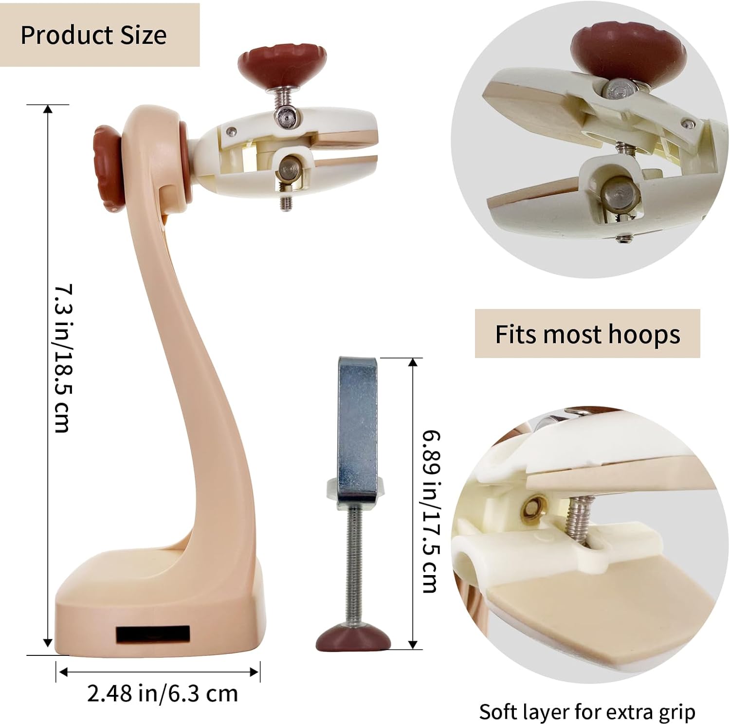 Embroidery Hoop Stand Set - Needlepoint & Cross Stitch Holder, Upgraded Firm Clamp, Easy Lock/Release, Fits Most Hoops, Anti-Loose Screws (Brown)