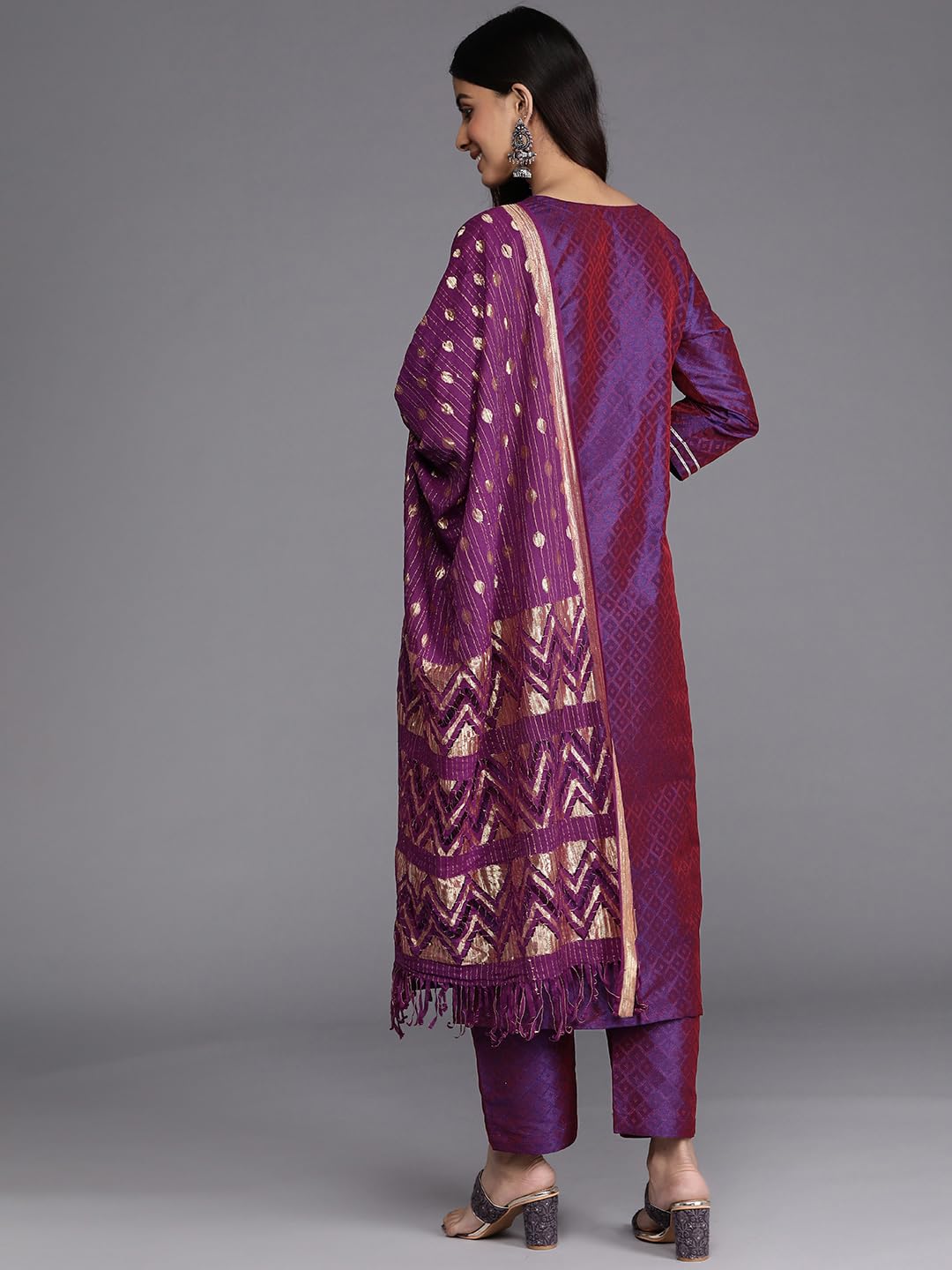 Varanga Women Purple Embroidered Kurta Paired With Tonal Bottom And Dupatta