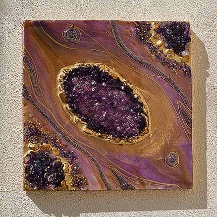 A E M Modern Art Resin Painting Resin on a Sturdy Wooden Base Lavender Haze Mosaic Geode Resin Wall Art for Home Decore Living Room Bedroom Size: 10 X 10 Inch