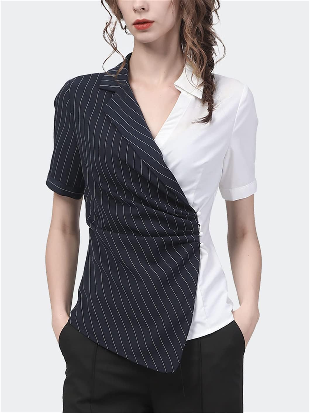 Contrast Color Women Stripe Shirt Elegant Slim Button-Down Spring Summer Tops Suit Shirts