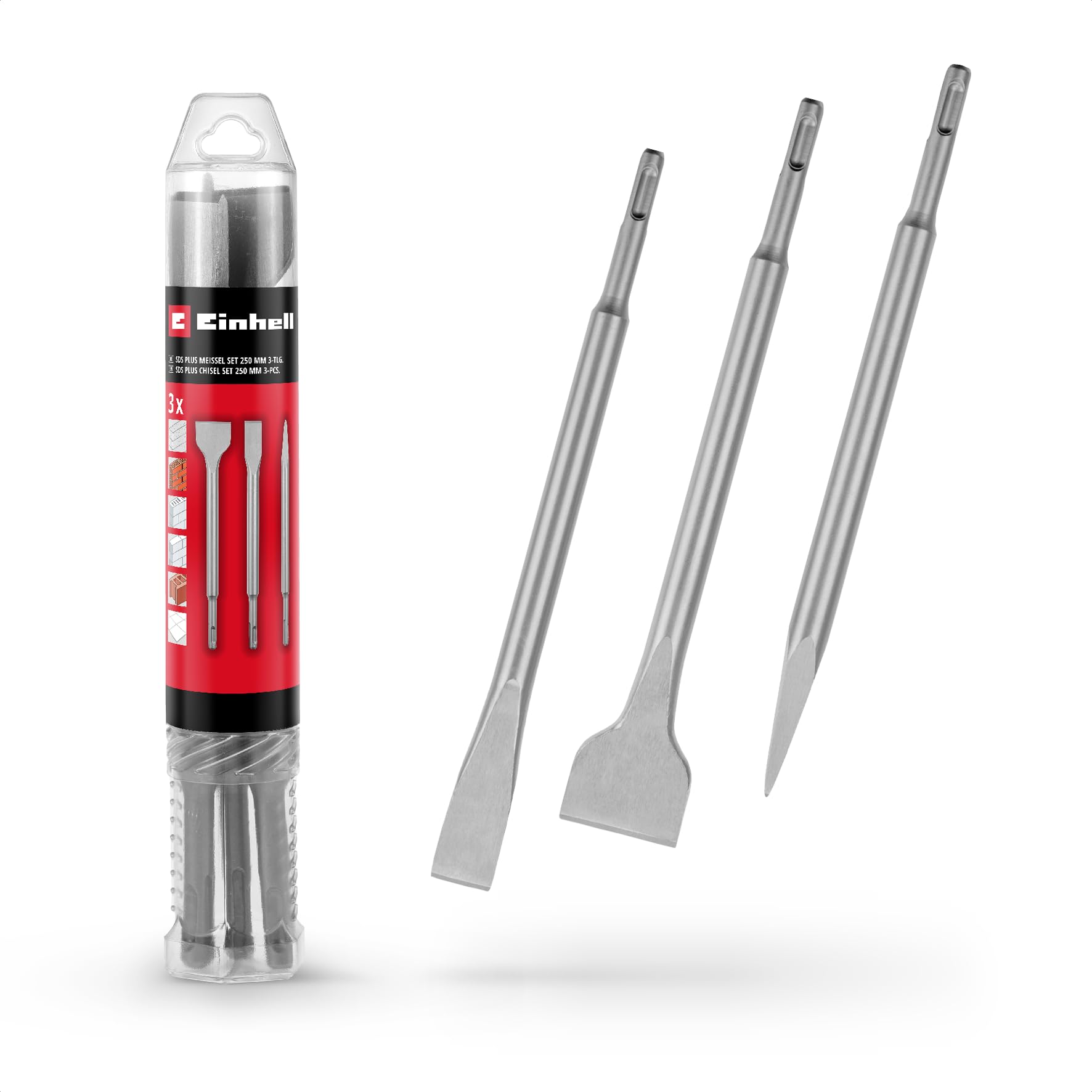 Einhell - Juego de cinceles SDS Plus, 3 piezas, 250 mm (con cincel puntiagudo, cincel plano de 20 mm de ancho y 40 mm de ancho, hecho de acero duradero de 40 Cr para trabajos de demolición y