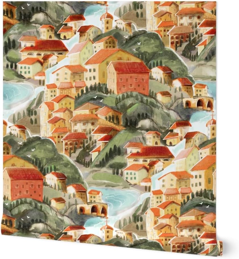 Peel & Stick Wallpaper 6ft x 2ft - Sunset Colorful Hand Drawn Landscape Italian Town Countryside Mountains Villa Large Scale Coastal Custom Removable Wallpaper by Spoonflower