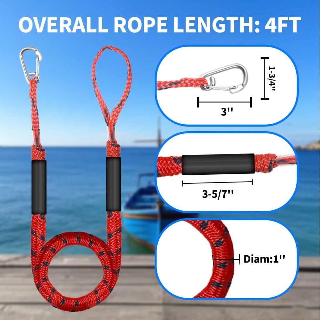 4-5.5ft, Bungee Dock Line with Stainless Steel Clip Safe Boat Rope Mooring String with Foam Float for Pontoon, Boat Accessories, Sea Doo,2 Pack （Red&Black）