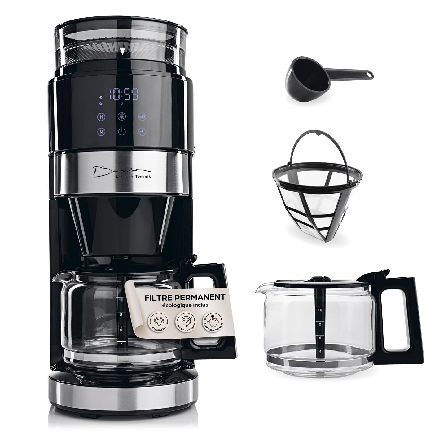 Barista Machine à café avec broyeur, cafetière à filtre avec verseuse en verre | machine à filtre de 900 W avec écran tactile et fonction minuterie jusqu'à 10 tasses | cafetière à café de 1,25 l