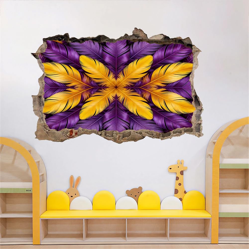 Decorazione da parete 3D, Piuma Stanza dell'autoadesivo della parete smontabile Giallo Viola per bambini Nursery Decorazioni