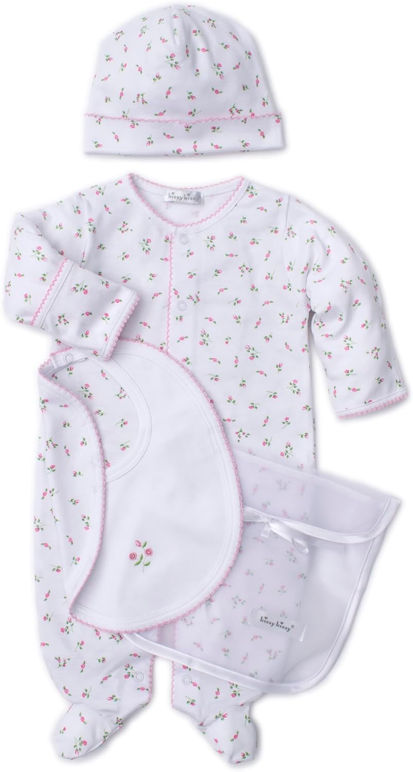 Kissy Kissy Baby Girls 100% Pima Cotton Garden Roses Gift Set Tulle Gift Bag, White, Newborn to 6 Months