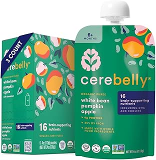 Cerebelly Organic Baby Food Pouches – Organic White Bean Pumpkin Apple Pouches Protein, Healthy Fats, Non-Gmo Baby Food Meals 4 Ounce Bpa-Free Toddler Purees, 3 Count