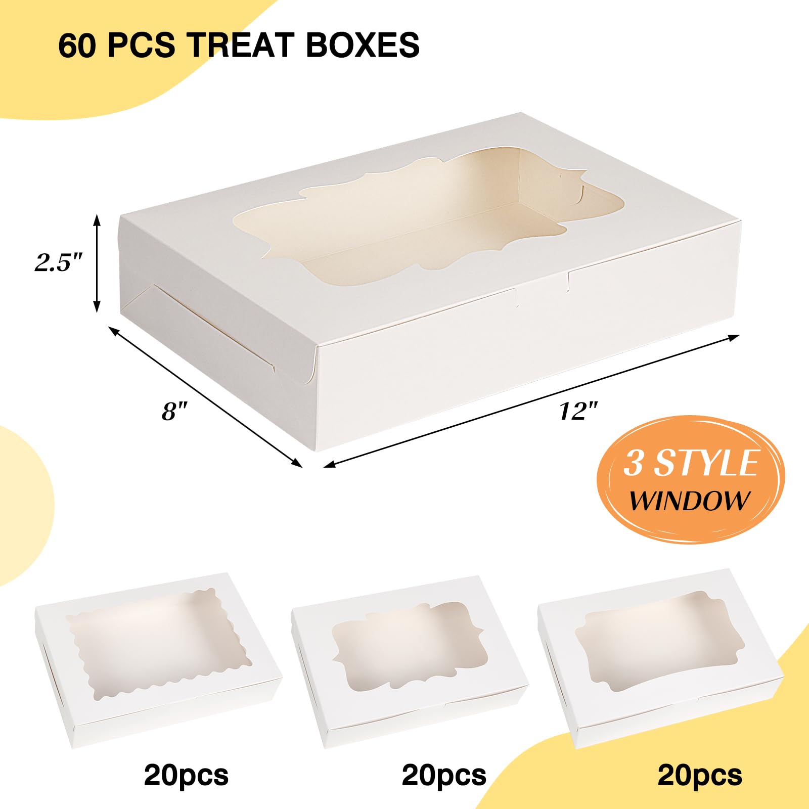 TOMNK 60pcs Bakery Boxes, 12x8x2.5 Inches 3 Style Cookie Boxes, Treat Containers with Window for Candies, Chocolate Strawberries, Cakes, Muffins, Donuts