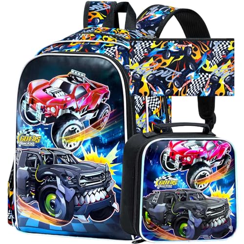 Image of 3Pcs Truck Backpack, 16 inch Boys Bookbag with Lunch Box, Kids School Backpacks Set for Elementary Preschool Kindergarten (Balck)