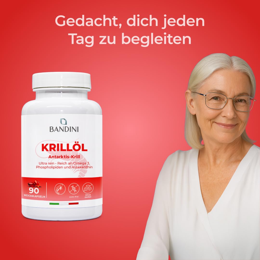 Bandini® Krillöl 3000 mg, reine Antarktis, 465 mg EPA und DHA, 1200 mg marine Phospholipide, Quelle von Astaxanthin und Omega 3 | Krillöl 100% natürlich, kein Nachgeschmack | 90 Weichkapseln
