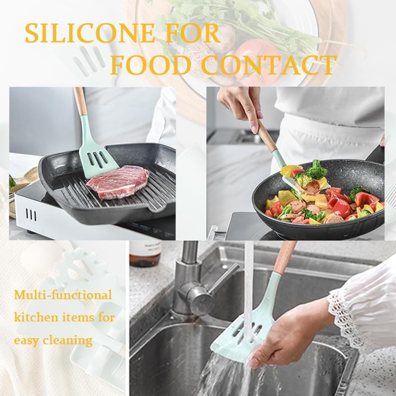Miniatura 2 de Juego de utensilios de cocina de silicona con mango de madera para cocinar, cocinar, hornear, utensilios de cocina multiusos 12 juegos (verde claro)