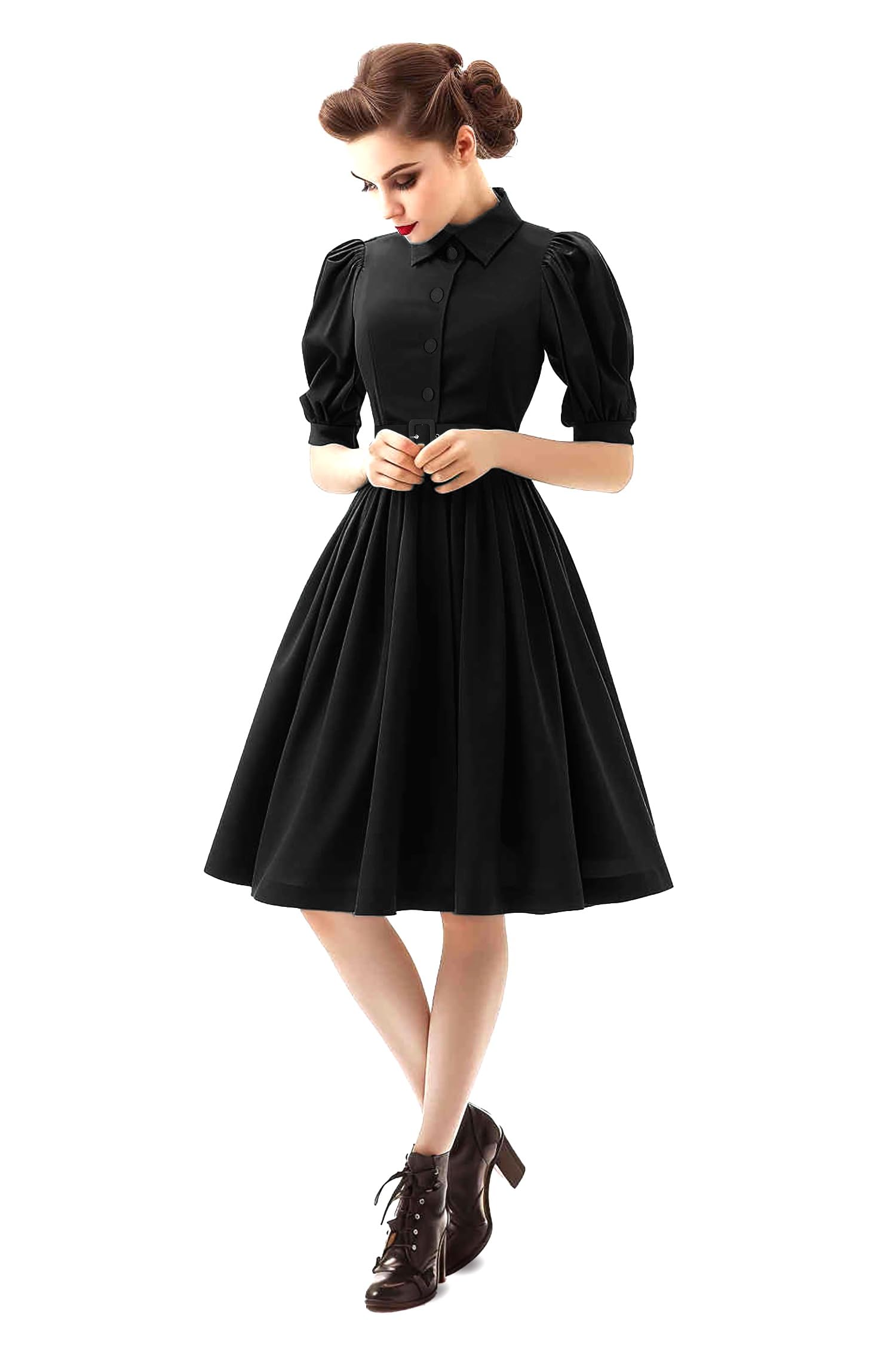 AXOE Femme Robe Rockabilly Années 50 Pin up A-Line avec Ceinture Boutonée Devant Fete Mariage Invitée