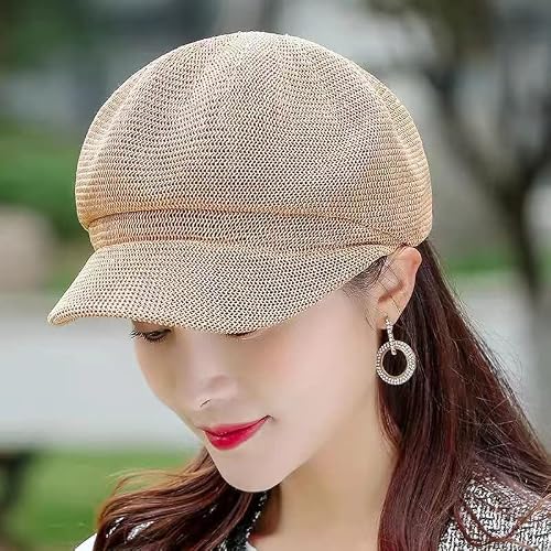 Bidadary Summer Straw Newsboy Hats For Women, Octagonal Beach Hat,Adjustable Painter Fashionable Beret Newsboy Caps Khaki #TOP2