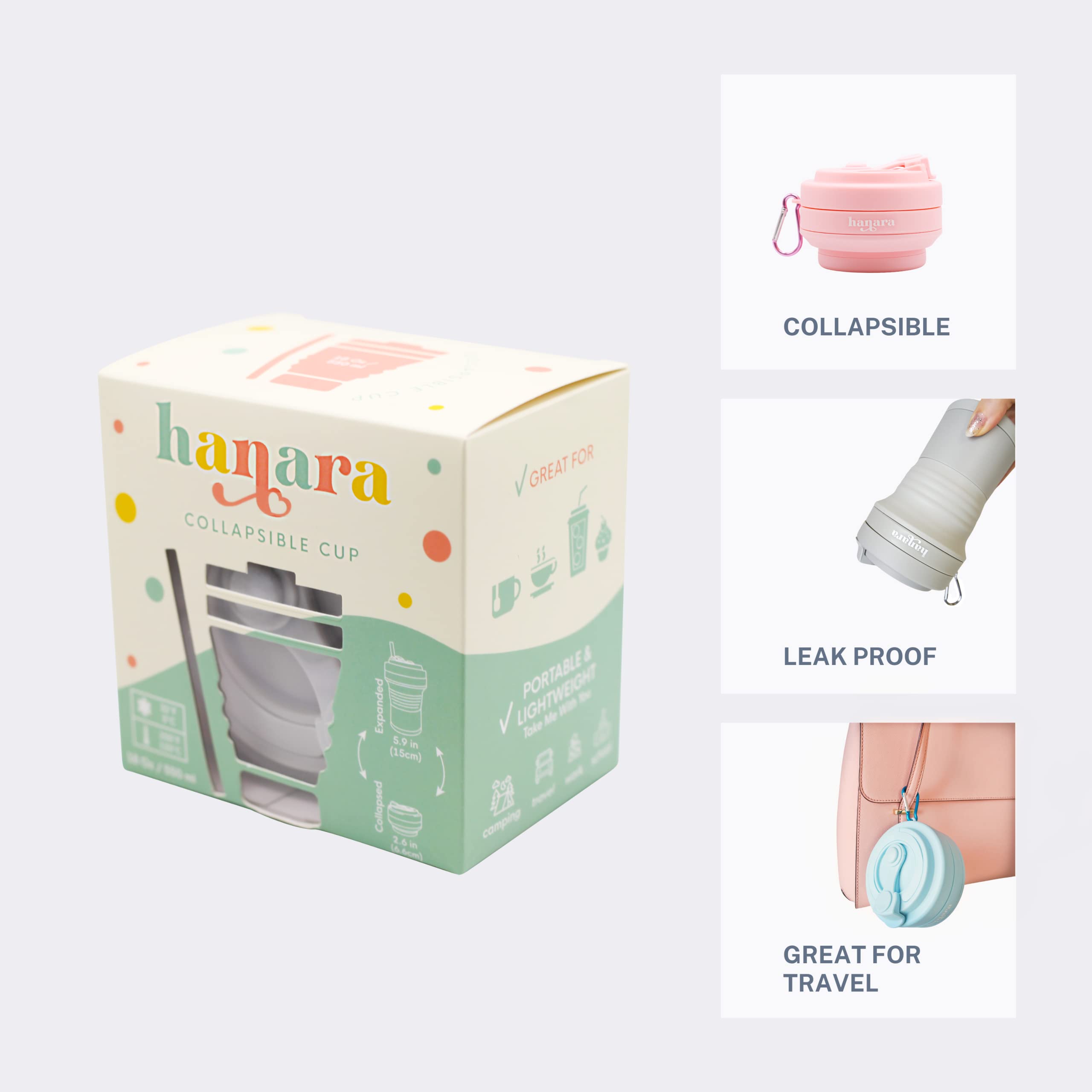 HANARA Tazas de café plegables con popote de silicona reutilizable, 550 ml, perfectas para viajes, camping, escuela, trabajo, sin BPA, a prueba de fugas, aptas para microondas y lavavajillas (beige)