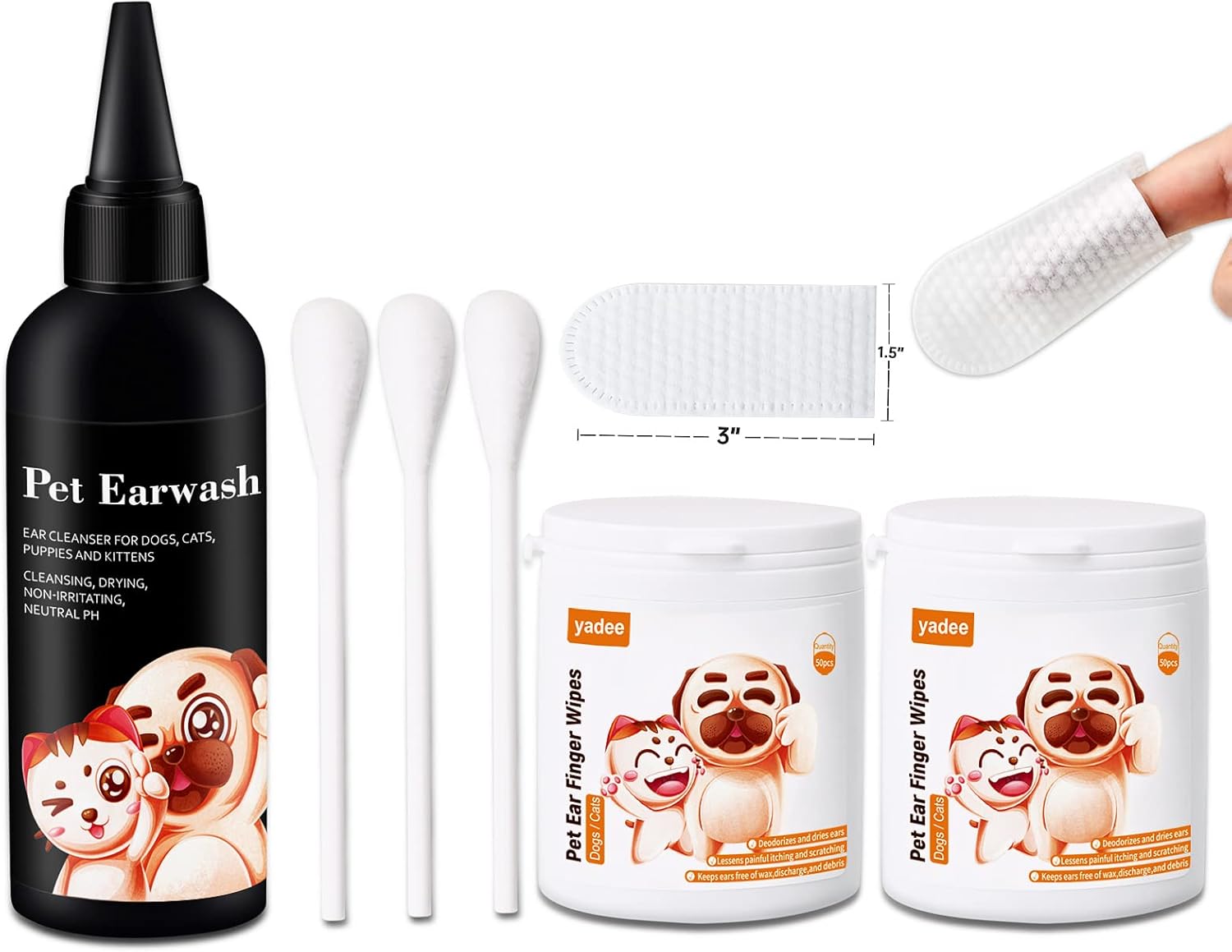 yadee Dog Ear Cleaner Finger Wipes, 100 Counts Pet Ear