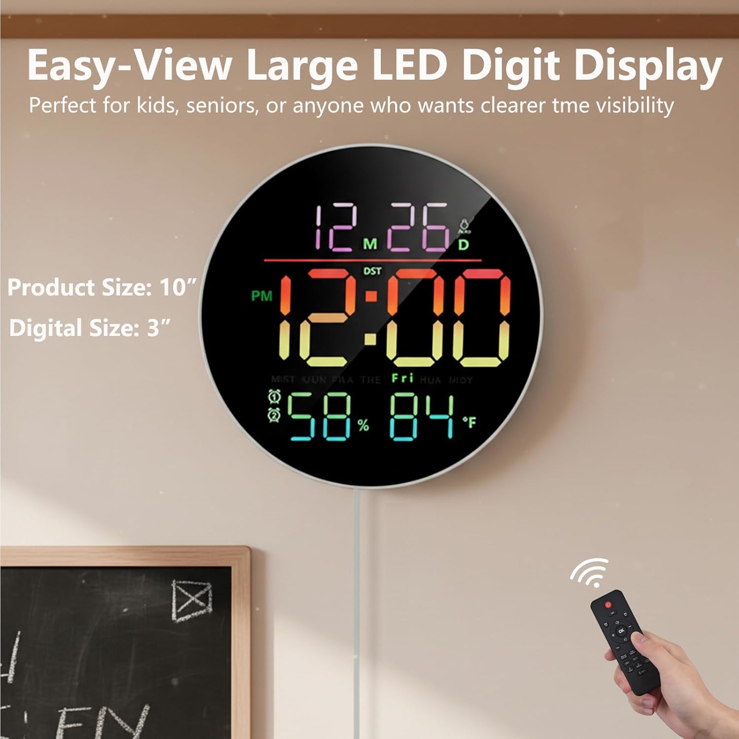 Digital Wall Clock for Classroom, Bedroom, Round 10-Inch Clock Large Display with RGB Color, Night Light, Remote Control, Temperature, Auto Brightness, Volume Control (Adapter Included)