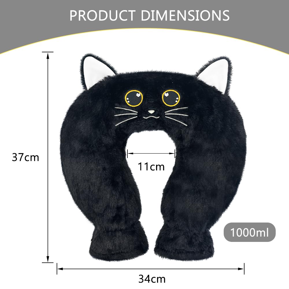 Bouillotte Eau Chaude Avec Housse Douce 1 L, Bouillotte Cervicale Et Epaule, Coussin Chauffant Cervicales Neck Relax, pour Femme, Homme, MèRe, PèRe Enfant (Chat Noir)