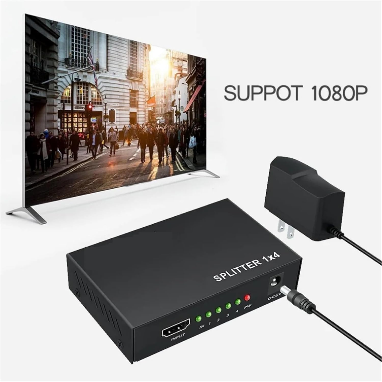 HDMI-Compatible Splitter HDCP 1 in 4 Out Power Signal Amplifier 3D 1080P 1x4 Audio Spliter Switch HD Converter Adapter(US Adapter)