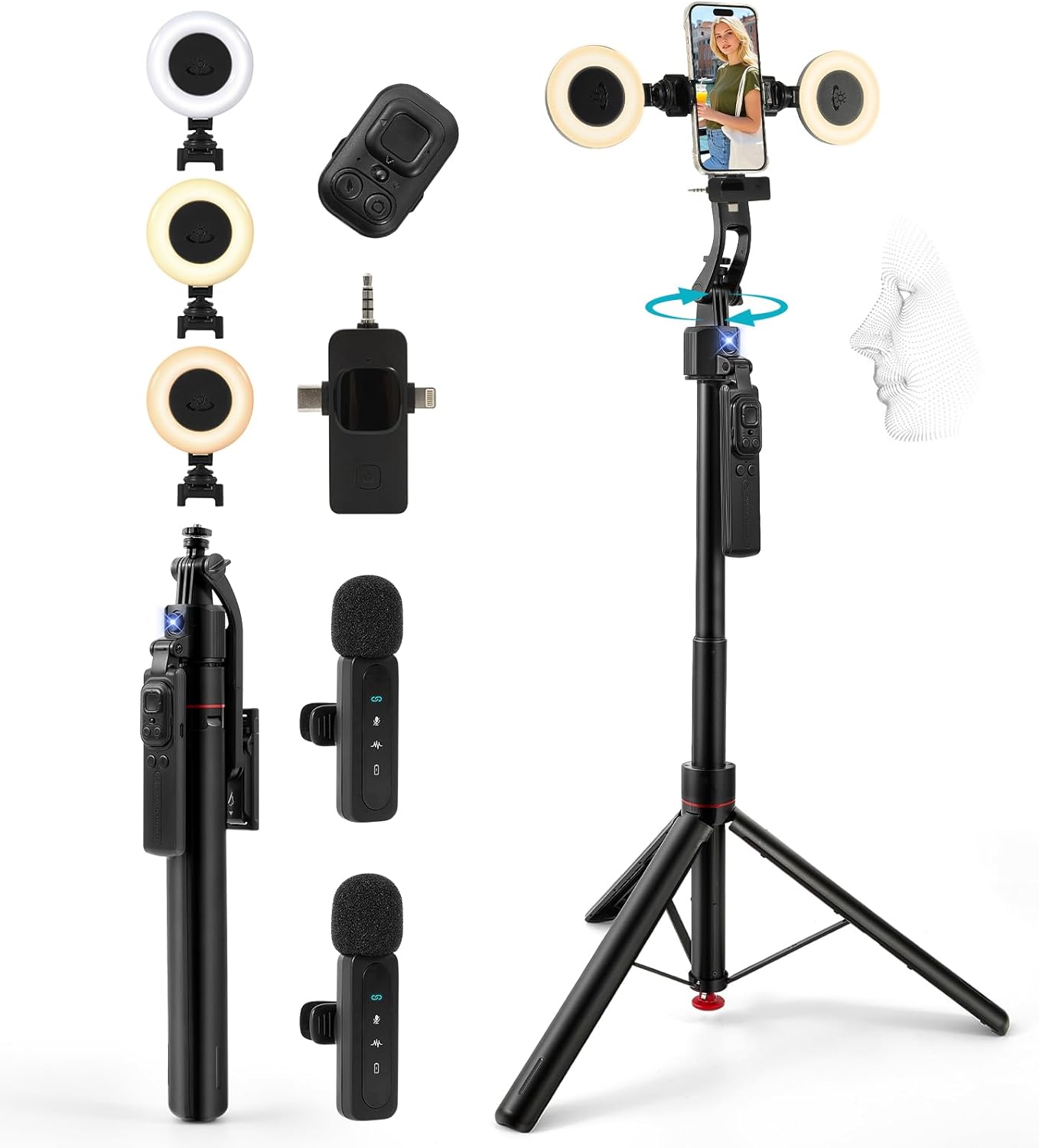 Vlogging Kit for iPhone/Android, 70”Auto Face Tracking Tripod Auto-Open Tripod Stand for iPhone with Light, Wireless Microphones with Remote, YouTube Starter kit for TikTok, Vlogging