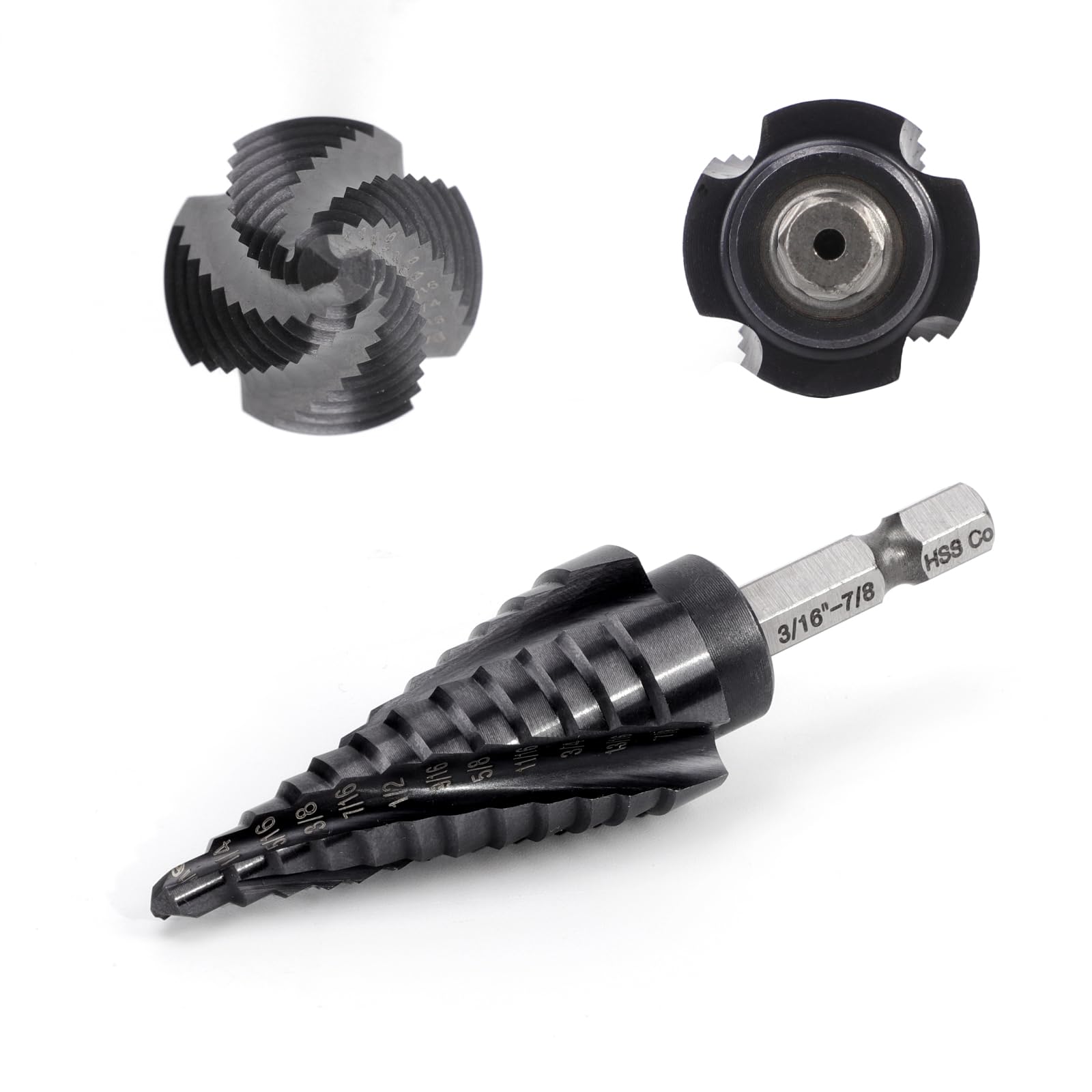 COMOWARE M35 Cobalt Step Drill Bit, 4 Spiral Flute, Step bit with 3/8" Hex Shank, 12 Sizes (3/16" to 7/8"), Steps bits for Metal, Stainless Steel,