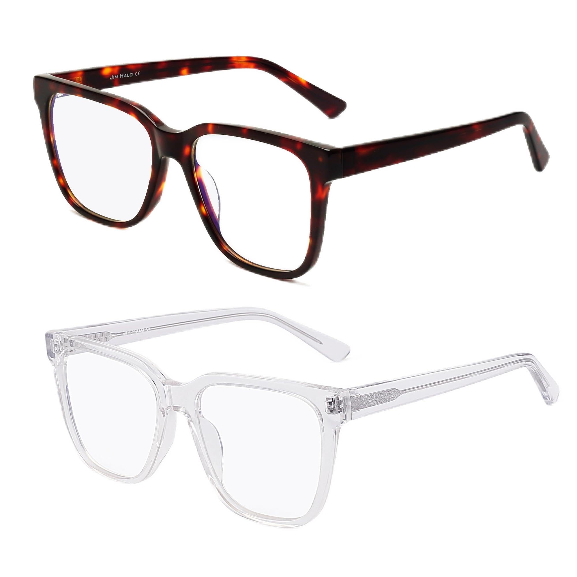 JIM HALO 2 Pack Anti Blue Light Glasses for Women Men, Computer/Gaming/TV/Phones/Fake Glasses Bluelight Blocking Eyeglasses, Oversized Square Frames Anti Eye Strain UV Glare (Demi, Transparent)