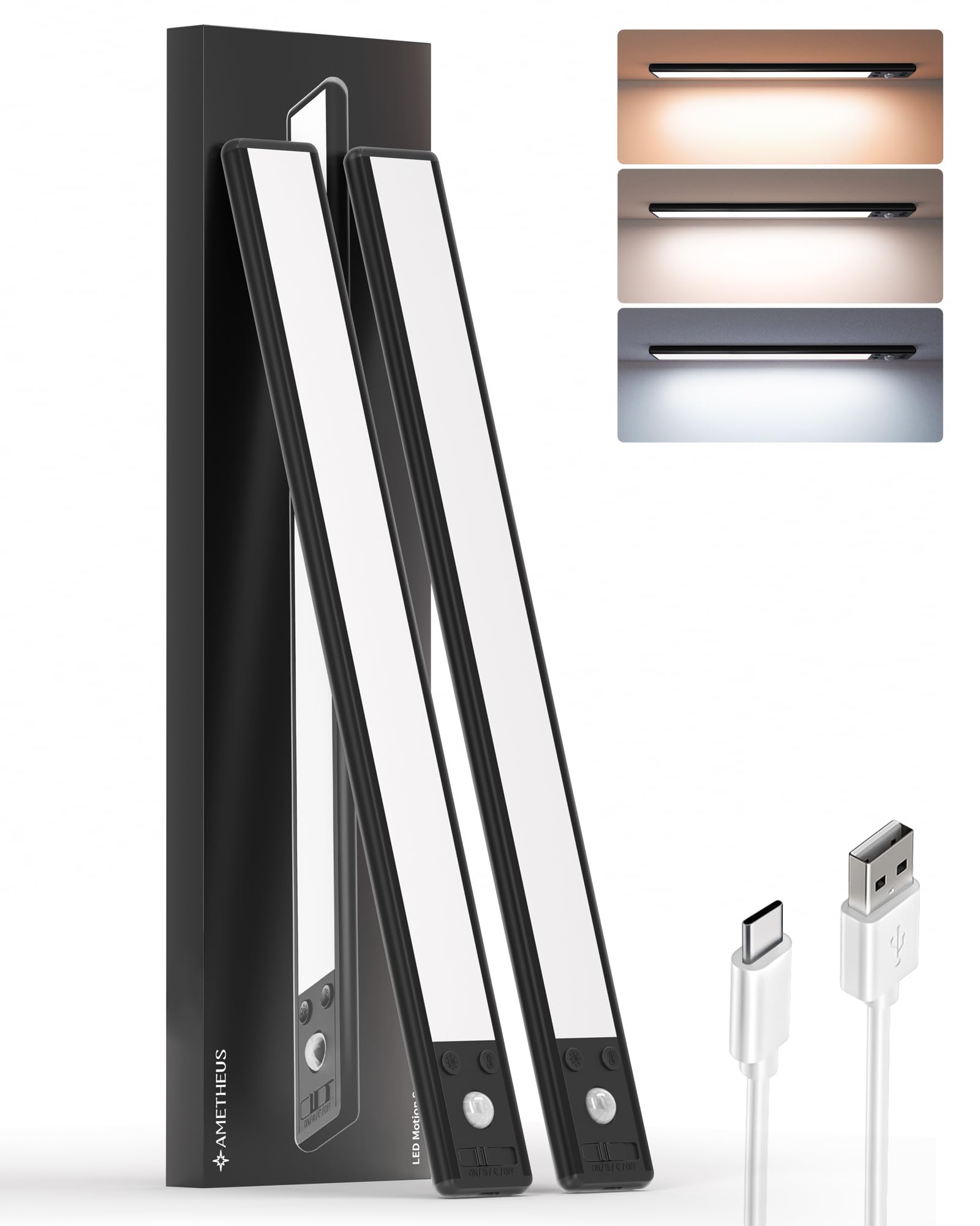 AMETHEUS Under Cabinet Lighting Wireless, 3200mAh Rechargeable Under Counter Lights for Kitchen, 68 LED Magnetic Dimmable Motion Sensor with 3 Color Temps, Closet Lights(14.5in, 2PCS)