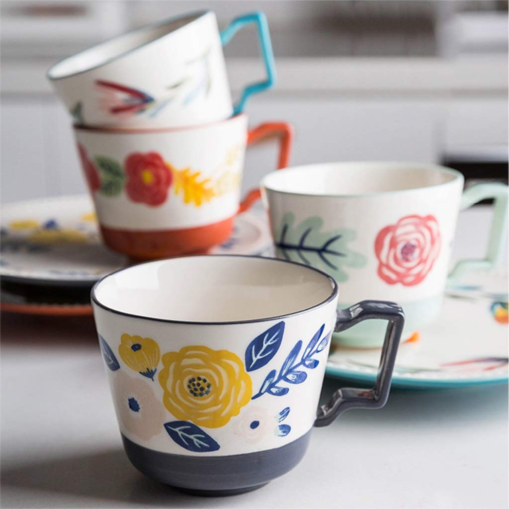 Kaffeetasse Schöne Blumen Bedruckte Tassen mit Henkel Keramik Kaffeetasse Set mit 4 niedlichen Geschenken (C)