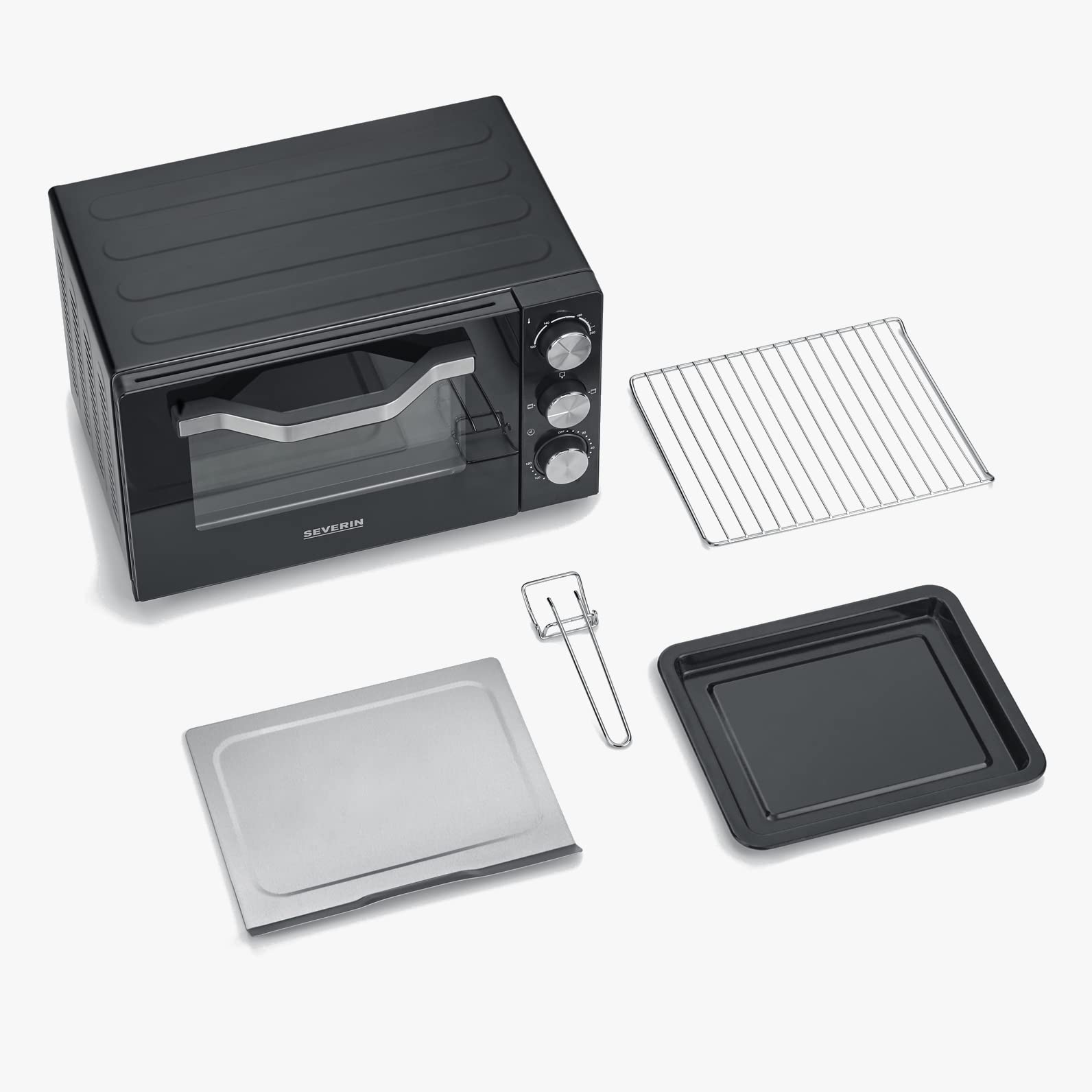 SEVERIN Back- und Toastofen mit Umluftfunktion, Mini Backofen mit Grillrost, Backblech und Krümelblech, bis zu 230 Grad, vielseitiger Toastofen mit 20 L Kapazität, 1.380 W, schwarz, Edelstahl, TO 2070