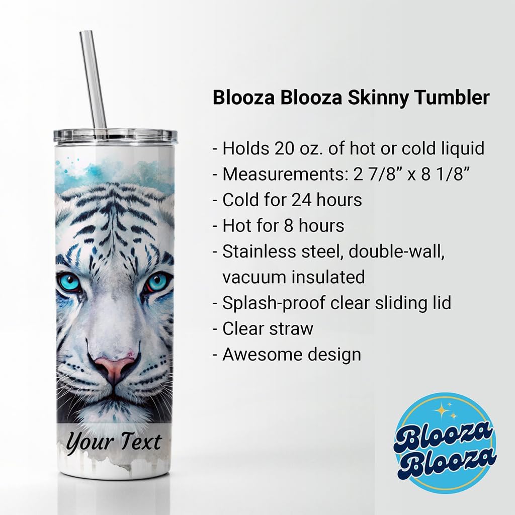 Personalized Custom Name Text White Tiger Face Watercolor Skinny Tumbler 20oz with Straw Insulated Water Bottle Gift - 1 Line Horizontal