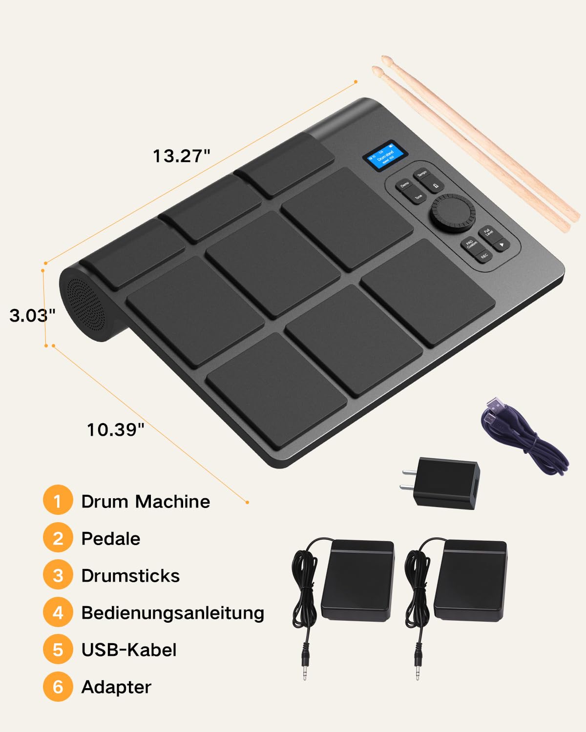 Batería electrónica de 9 almohadillas con LCD, altavoces estéreo duales y pedales | Set de batería de mesa portátil para principiantes y profesionales | Compatible con Bluetooth MIDI | Ideal para casa