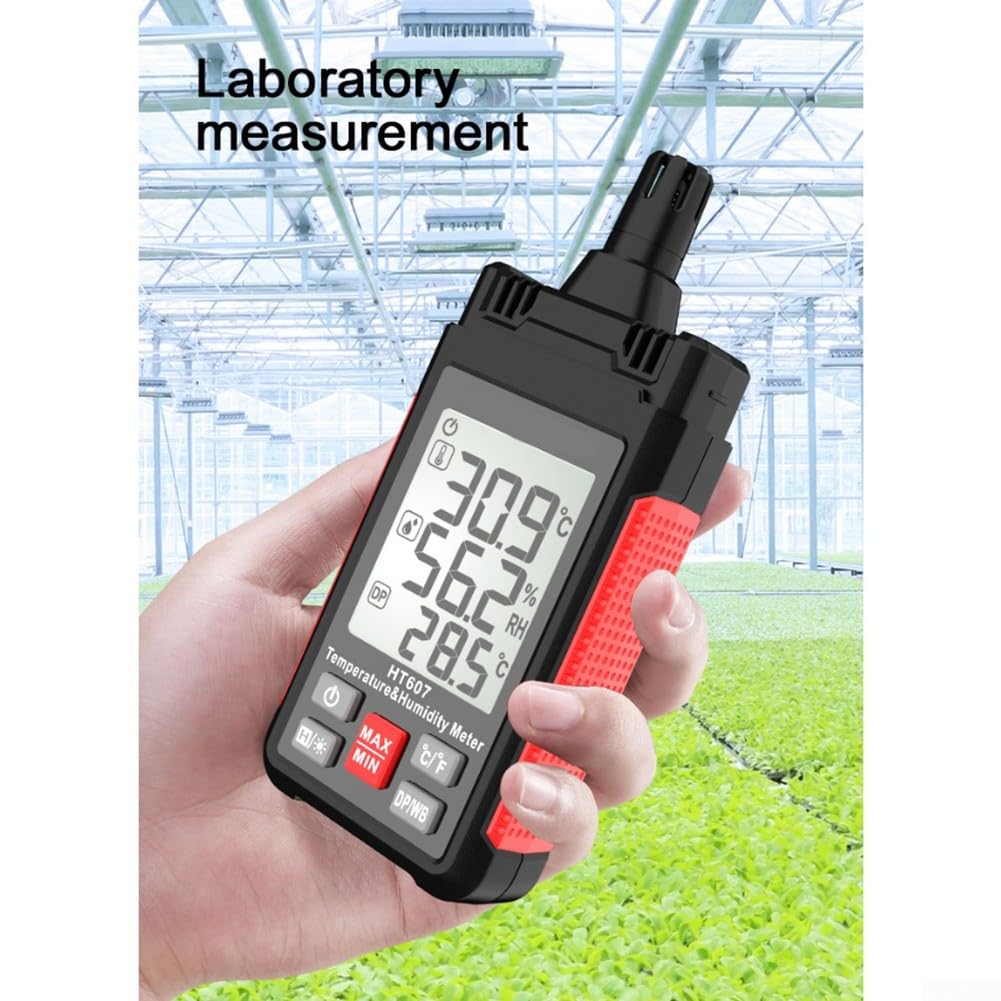 HT607 Digitales Thermohygrometer, misst Temperatur Luftfeuchtigkeit Taupunkt Nasslampe mit Hintergrundbeleuchtung Datenspeicher, tragbares ABS-Messgerät für Laborgebrauch