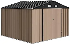 Garvee Brown Metal 10x8 FT Outdoor Storage Shed with Lockable Doors, Sloped Roof for Garden, Backyard, Patio, Corrosion Resistant, Easy Assembly