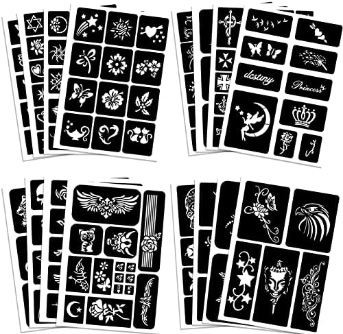 Qpout Tattoo Stencils For Kids Adults, 16 Sheets Henna Tattoo Stencil Kit, Small and Big Tattoo Stencils Designs, Tattoo Stencil for Real Tattoos, Skeleton Spider Owl Flower Butterfly Tribal Totem