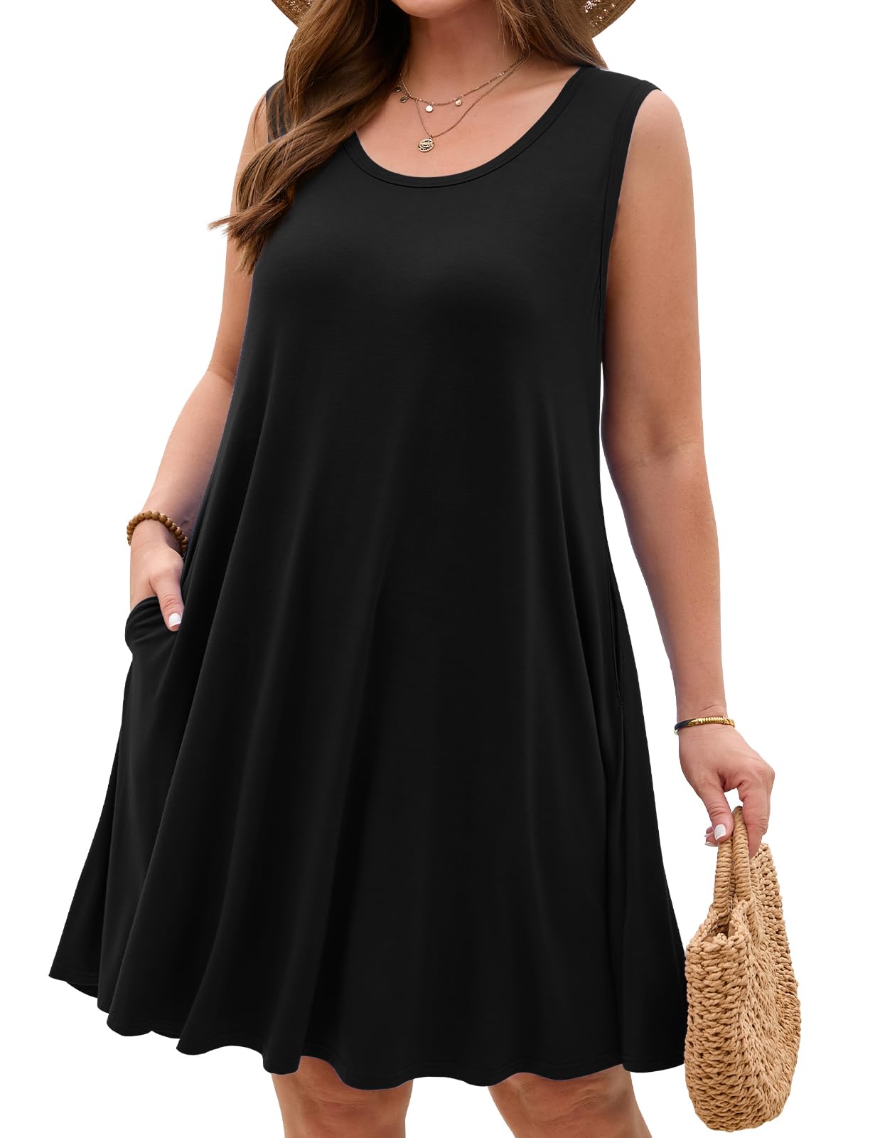 JollieLovin Women Plus Size Curvy Summer Tank Sun Dresses Sleeveless Causal T-Shirt Dress Beach Swing Cover up(L-5X)